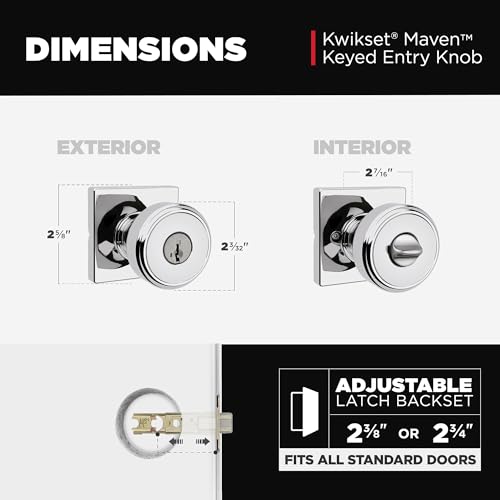 Image of Kwikset Maven Entry Door Knob with Lock and Key, Secure Keyed Handle Exterior, Square Front Entrance and Bedroom, Polished Chrome, Pick Resistant SmartKey Rekey Security and Microban