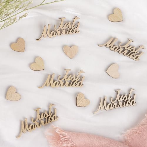 BETESSIN Tischdeko Hochzeit - 60 Stück Just Married Konfetti aus Holz - Herz Streudeko Hochzeit -...