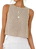 IDEALSANXUN Gingham Tank Top for Women 2026 Cotton Linen Cute Crop Summer Tops Sleeveless Plaid Shirts Blouses Beach Vacation Clothes, Z Dark Khaki, M