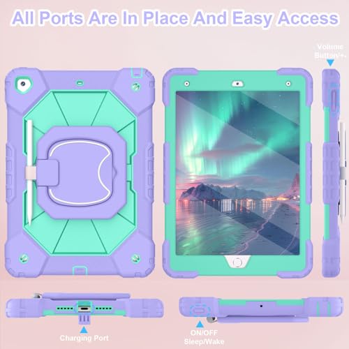 Image of WESOROL Case for iPad 9th /8th /7th Generation 10.2 Inch iPad 9th Generation Case with Screen Protector Rotating Stand Pencil Holder Heavy Duty Shockproof Cover for 9th Gen iPad Case,Purple Green
