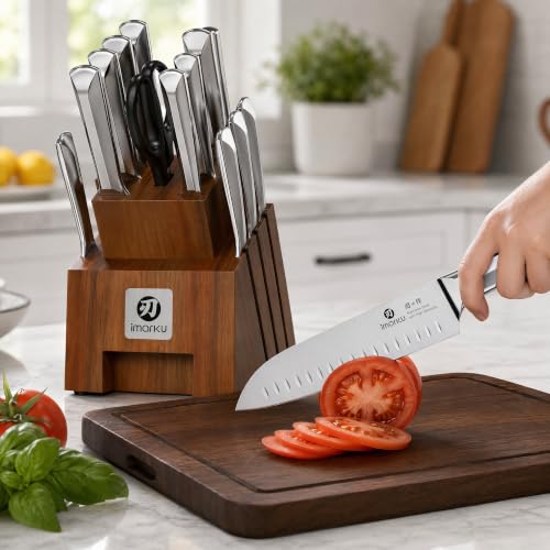 Image of Imarku 16PCS Japanese High Carbon Stainless Steel Knife Set with Block & Sharpener, Dishwasher Safe Kitchen Knife Block Set, Ergonomic Handle Kitchen Utensils Set Gift
