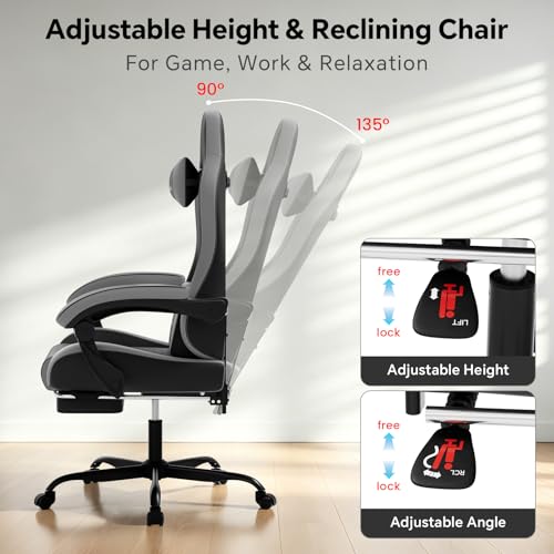 Image of Gaming Chair, Computer Office Chair with Footrest, Adjustable Height & Backrest Gaming Chairs with Swivel for Adults, High Back PU Leather Ergonomic Chair with Lumbar Support, BlackGrey