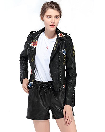 LY VAREY LIN Women's Floral Embroidered Faux Leather Moto PU Jacket Coat2