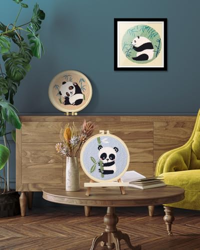 Image of TINDTOP Punch Needle Kits, Panda Punch Embroidery Kits for Adults | 3 Sets, Tool with Punch Needle Fabric, Hoops, Yarns and Sewing Needles