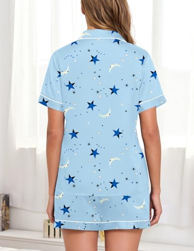 Image of Veseacky Women Satin Pajamas Set 2 Piece Button Down Short Sleeve Soft Sleepwear with Pockets