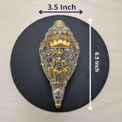 Image of 999 Pure Silver Plated & 24K Gold Plated Ganesh Shankh | Sacred 8 Inch Dual-Tone Conch Shell | Vastu Showpiece for Success & Wealth | Auspicious Pooja Gift