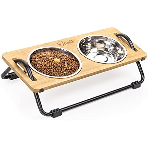 Elevated Cat Bowls Stand - Realyoo Raised Cat Food Bowls, Cat Bowls for Food and Water, Small Dog Tilted Feeding Bowl with Stainless Steel Bowls Bamboo Raised Pet Bowl Stand Feeder for Cat Cover