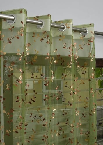 Image of littlelotus Floral Print Tissue Net Sheer Transparent Grommet Curtains for Window 5 feet Long Set of 2, Green