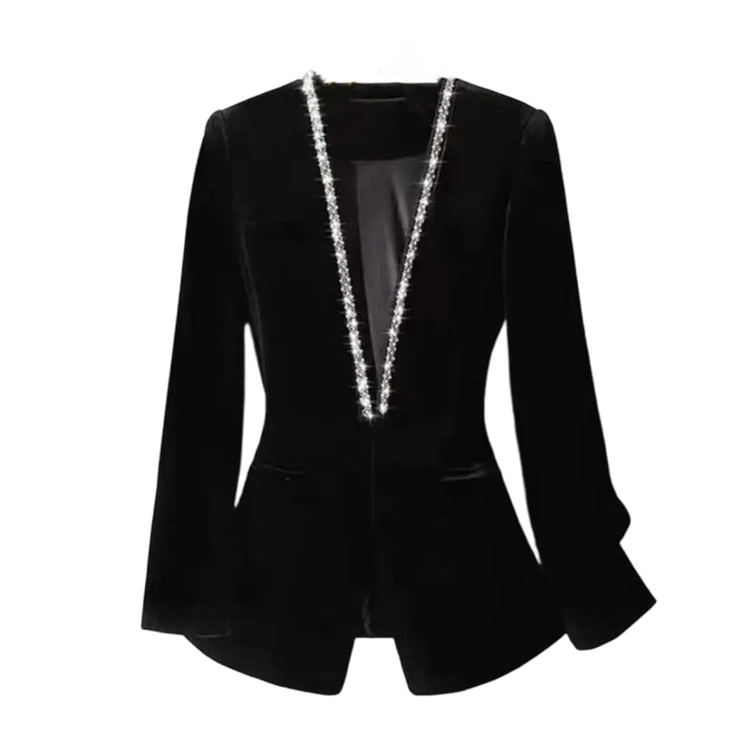 Womens Slim Velour Blazer V Neck Gold Beaded Single Button Business Formal Suit Jacket