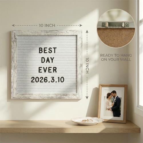 Image of C Crystal Lemon Board, 317 Pre-cut Letters Numbers & Symbols, 10x10 Inches Felt Message Board, Changeable Wooden Sign, Wood Frame, Wall Mount, With Display Stand (Rustic White) | Clean rustic white letter board with 336 letters, wood frame, stand and wall mount for welcome, home and event messages