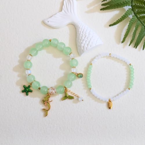 Image of LZ Emotion 2 Pcs Mermaid Bracelet Set Beaded Mermaid Charm Bracelets Starfish Summer Jewelry Mermaid Gifts Birthday Party Decoration