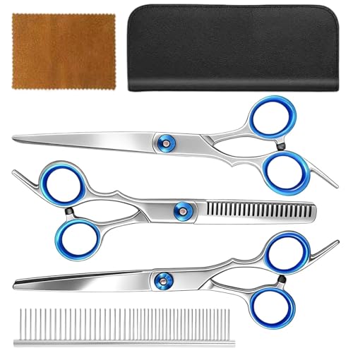 HECHKJ 4 Piezas Tijeras para Perros, Set Profesional de Corte para Peluquería Canina: Incluye Tijeras Rectas, Curvas, Desbaste y Peine, Kit Completo para Cuidado y Estilo de Mascotas