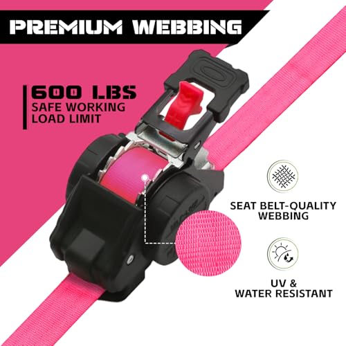 Image of Retractable Ratchet Straps 1 inch x 13Ft, Heavy Duty Self Retracting Tie Down Straps, 1800lb Break Strength Auto Retract Cargo Straps for Truck, Trailer, Motorcycle, ATV, UTV, (Pink, 2 Pack)