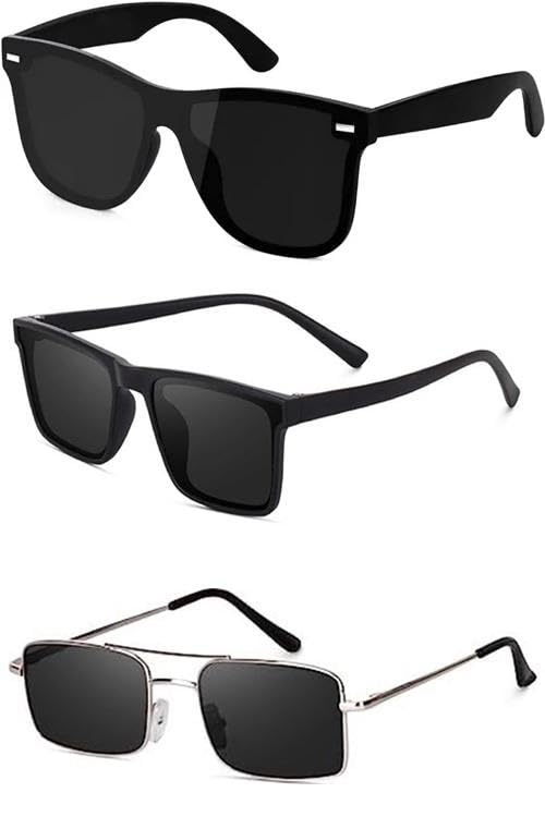 Unisex Sunglasses Set of 3, Classic Square and Rectangular Frames, Eye Protection, Black and Silver - MC-120-image-1
