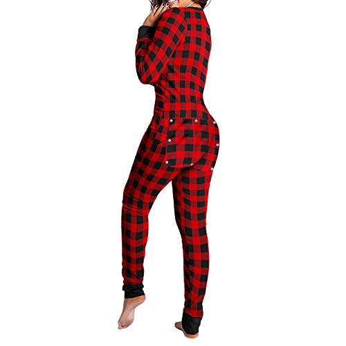 Mieeyali Women's Sexy Butt Flap Pajamas One Piece Deep V Neck Bodycon Jumpsuit Long Sleeve Romper Overall (A Plaid Red 2, S)