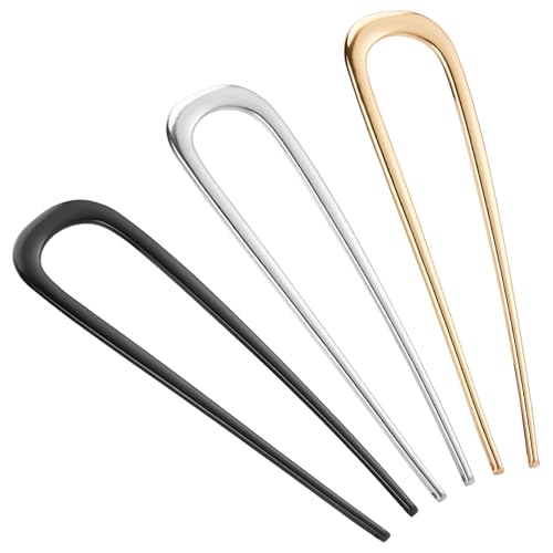 BEoffer French Hair Pin 3PCS Metal Hair Pins for Women Elegant French Twists Buns and Updos with No Hair Damage U-shaped French Pin Great Hold and Comfortable Keeps Hair in Place (Gold Black Silver)