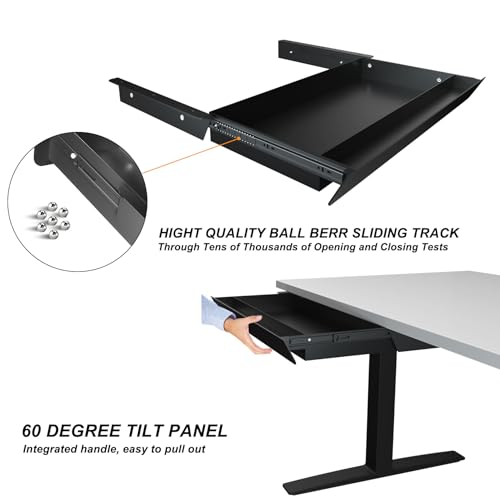 Image of Large Under Desk Mounted Sliding Drawer with Pencil Tray and 60 Degree Tilt Panel to Pull Out, 26'' Long & 13'' deep Large Storage Organizer for Sit Stand Workstation