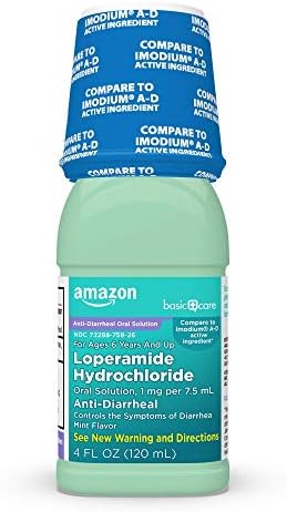 Amazon Basic Care Loperamide Hydrochloride Oral Solution, 1 mg per 7.5 mL, Mint Flavor, Anti-Diarrheal Medicine for Ages 6 Years and up, 4 Fluid Ounces