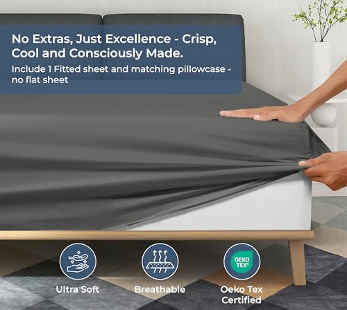 Image of ROYALE LINENS Fitted Sheet with Pillowcases - Queen Fitted Sheets with 2 Pillowcases - 300 Thread Count 100% Organic Cotton - Fits Mattress Up to 18 inch Deep - Soft & Breathable - Grey (No Flat Sheet)