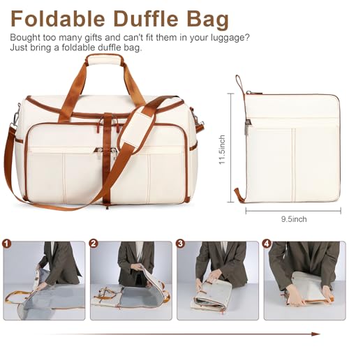 Foldable Garment Bags for Travel, 2 in 1 Convertible Carry On Travel Garment Duffel Bag for Women with Toiletry & Shoe bag, Hanging Suitcase Suit Travel Bags for Men Women Gift (Beige）4
