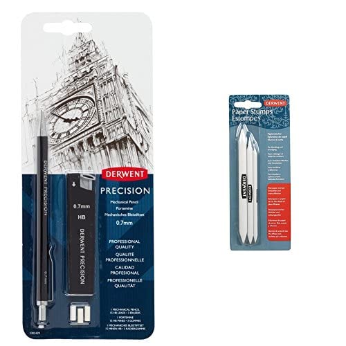 Derwent0.7 mm Precision Mechanical Pencil, HB Leads and Erasers Included, Professional Quality, 2302429 & Paper Stump For Blending & Smudging, Set Of 3, Rice Paper, Professional Quality, 2300561