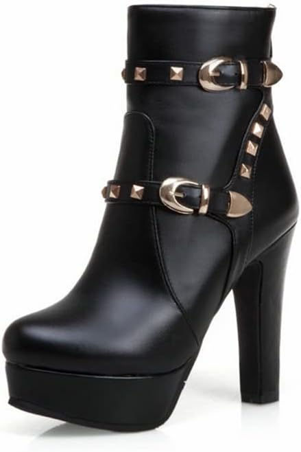 Women's Platform High Heels Goth Booties Buckle Strap Rivet Punk Combat Biker Ankle Boots,Black,10