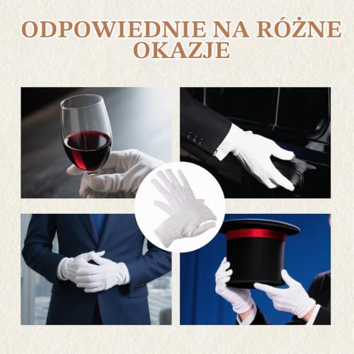 poraceous 6 par białych rękawic bawełnianych, białe bawełniane rękawiczki, białe rękawiczki, policyjne, formalne suknie wieczorowe, krótkie bankiety, badanie biżuterii (projekt 3 szwy)