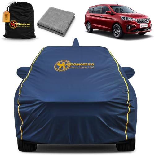 Image of Maruti Ertiga 100% Waterproof Car Cover (Midnight Blue) 6LYR HDPE 200gsm Strong Fabric for All Weather Protection, Mirror & Antenna Pocket, Cotton Layer Cover, Adjustable Elastic Straps