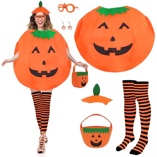 Yotako 6 Pcs Pumpkin Costume for Adult, Womens Pumpkin Halloween Costume, Pumpkin Outfit with Candy Bag Hat Stockings Earrings Pumpkin Glasses Girls Ladies Female Fancy Dress for Halloween Cosplay