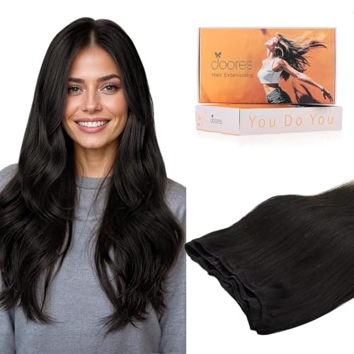 Image of DOORES Sew in Hair Extensions Real Human Hair, 14 Inch Natural Black, Sew in Weft Extensions Hand Tied Long Straight 100g