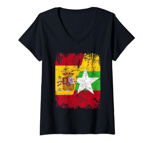 MYANMAR BIRMANIA ESPAÑA BANDERA de la AMISTAD | MYANMAR Camiseta Cuello V