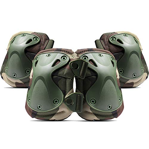 Flexzion Tactical Knee & Elbow Pads w/Adjustable Straps Quick Release, Airsoft Protective Gear Accessories Equipment, for Kids & Adults, Paintball Shooting/Skateboarding/Hunting, Set of 4, Woodland