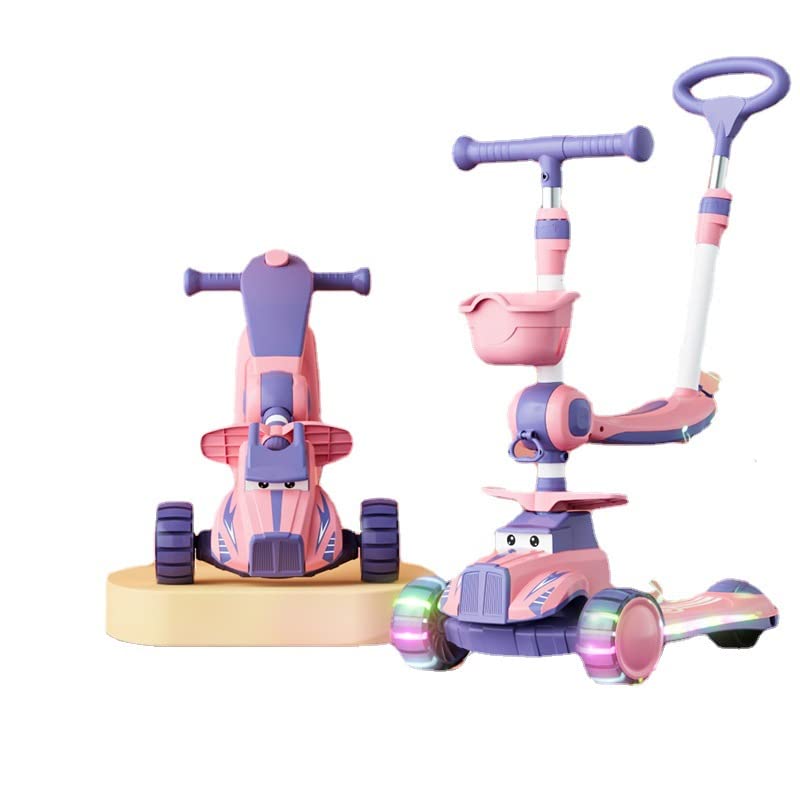 BYBEO5-in-1 Kids Scooter, 3 Wheels Toddler Kick Scooter with LED Flashing Light UP Wheels, Removable Seat & Adjustable Handlebar&Push Handle, Lightweight Push Scooter for Ages 1-8 Boys Girls