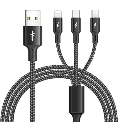 ASICEN Cable de carga USB [1,2 M], 3 en 1, multi universal, cable de carga rápida, cable USB de nailon con Lightning/Tipo C/Micro USB para iPhone 16/15/14/13/Galaxy S23/S22/S21/Pixel/LG/Tablets/PS