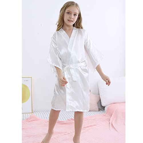 MORFORU Clear Rhinestones Flower Girl Silky Satin Kimono Robe Solid Color Kids Robes for Wedding Spa Party, Short3