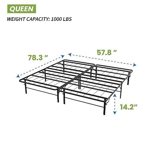 BestMassage | Short Queen Bed Frame | Metal | Heavy Duty Steel Slats with 12 Legs | Foldable | Sturdy, No Box Spring Needed | Easy to Assemble with Under-Bed Storage | Furniture for Home, Dorms