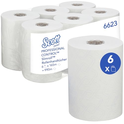 Scott® Control™ Slimroll™ Rollenhandtücher, 1-lagige weiße Einweg-Handtücher, mit Airflex Technologie und EU Ecolabel Zertifizierung, 6 Papiertuchrollen x 165 m (insg. 990 m), Artikel-Nr. 6623