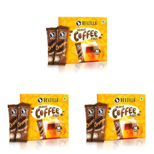 Image of Bevzilla 48 Instant Coffee Powder Sachets (Orange) - 96 Grams | Makes 48 Cups|Arabica Coffee| Easy To Carry| Best For Espresso, Latte, Cappuccino|Enjoy Hot & Cold Coffee (Pack of 3)
