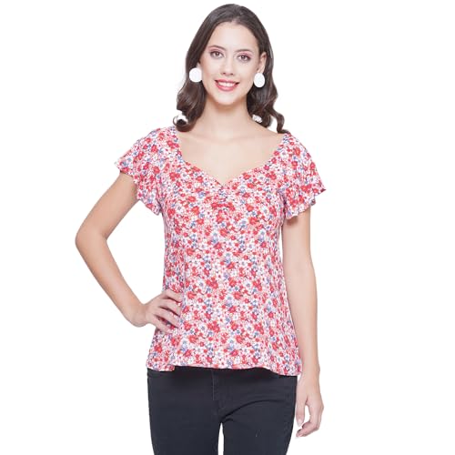 Image of Women Floral Printed Top | Short Sleeve Casual Summer Wear | Soft Breathable Fabric | Stylish Regular Fit Tunic for Women & Girls