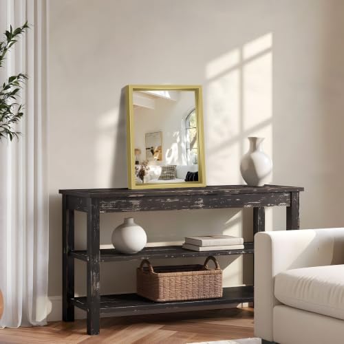 Image of Bathroom Mirror, 18 x 24 inch Natural Wood Grain Colored Aluminum Metal Frame Bathroom Vanity Mirror, Rectangle Wall Mirror for Bedroom Living Room, Tempered Glass, Horizontal or Vertical