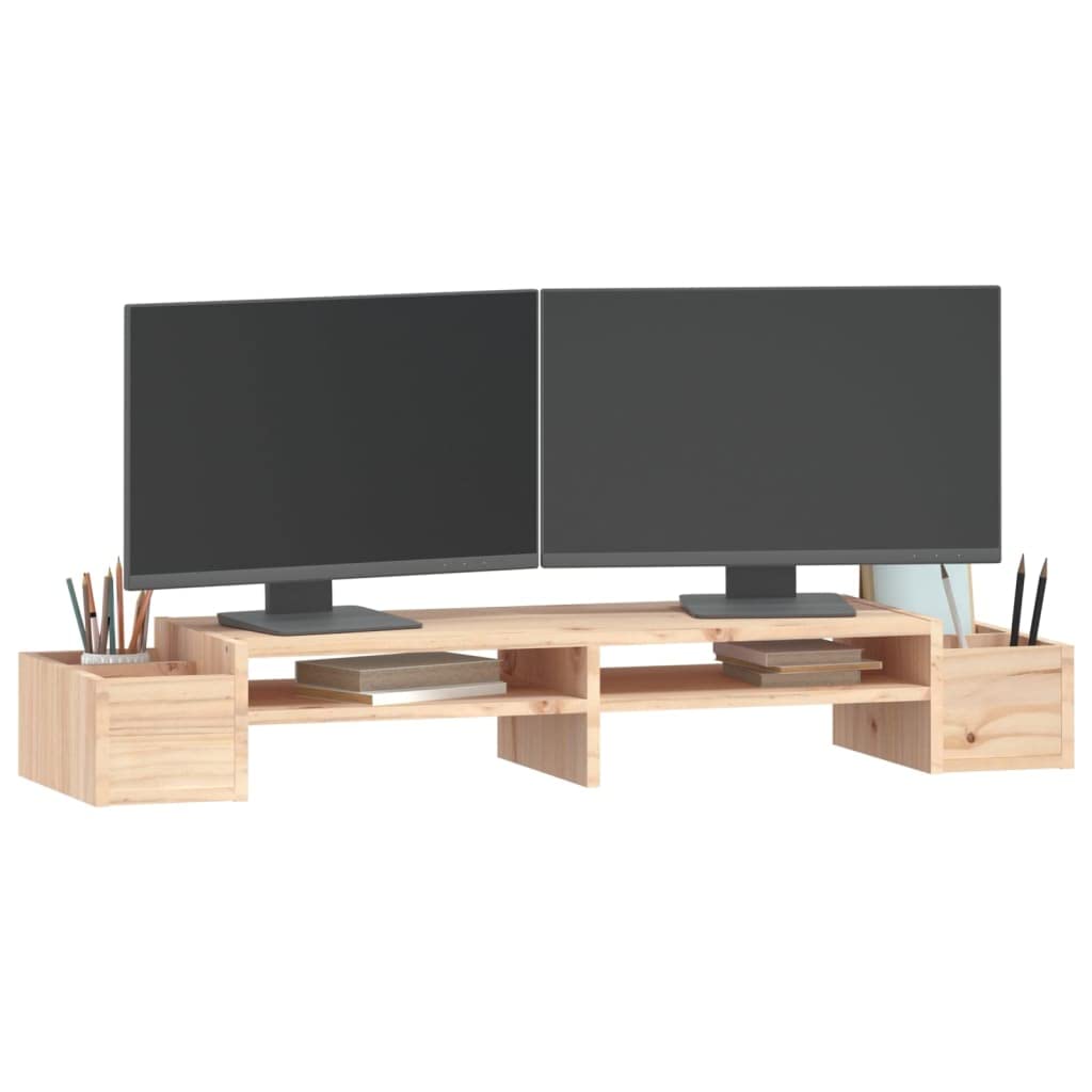 Supporto per monitor in legno di pino massiccio, 100 x 27,5 x 15 cm, scrivania con 4 ripiani, per posto di lavoro, ufficio, casa, organizzazione ergonomica e spazio di archiviazione