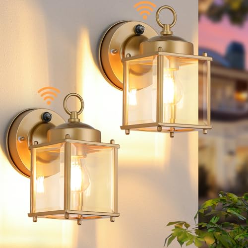 Image of MATAMEYE Dusk to Dawn Sensor Outdoor Wall Sconce, Exterior Waterproof Porch Wall Mount Lanterns, Gold Front Door Lights with Beveled Glass, 2 Pack