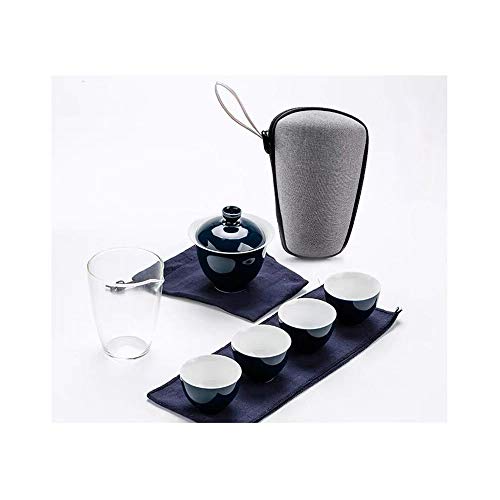 Travel Tea Set Portable Two-person Ceramic Kungfu Cover Bowl Fair Tea Cup (1 Teapot, 4 Tea Cups) LUYIYI (Color : Blue)