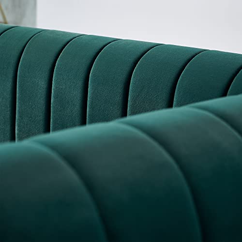 Image of KEIKI 84 inch Velvet Deep Channel Tufted Sofa with Back Cushions and Rolled Arms, Modern Style 3-Seater Couch with Golden Polished Steel Legs, Easy Assembly, for Living Room, Bedroom, Office, Green