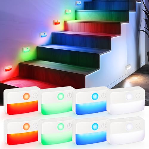 Image of Guankai 8 Pack Motion Sensor Stair Lights for Indoor, Wireless RGB Battery Operated Night Light, Activated Led Stick On Hallway Closet Under Cabinet Step Lamp for Bedroom Kitchen Bathroom