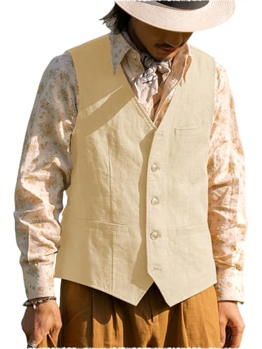 Vintage Men's Linen Lightweight Vest Casual Cotton Linen Blend Classic Design Groomsmen Waistcoat Summer