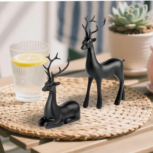 Black Small Reindeer Sculptures, 2 Pcs Matte Black Deer Christmas Decor, Modern Holiday Deer Statues, Reindeer Sculpture for Living Room, Bedroom, Office Desktop, Mantel, Shelf & Tabletop Decor