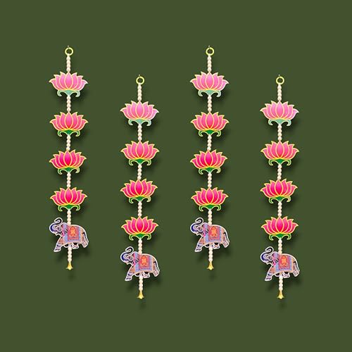 Image of Rajasthan Kraft Pack of 4 Handmade MDF Lotus Decorative Hanging with Beads & Bell Traditional Door & Wall Decor for Makar Sankranti, Lohri, Wedding & Festive Home Decoration 24 x 4 Inch (RK-H-197-4)