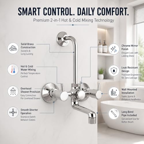 Image of iRiS 2 In 1 Brass Wall Mixer with provision for Overhead Shower and 125 mm Long Bend Pipe -Visible Hot /Cold