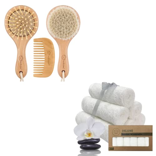 Baby Round Hair Brush and Comb Set & Organic Bamboo Washcloths Bundle - Perfect Baby Grooming Care Bath Essentials for Newborn, Babies and Toddlers
